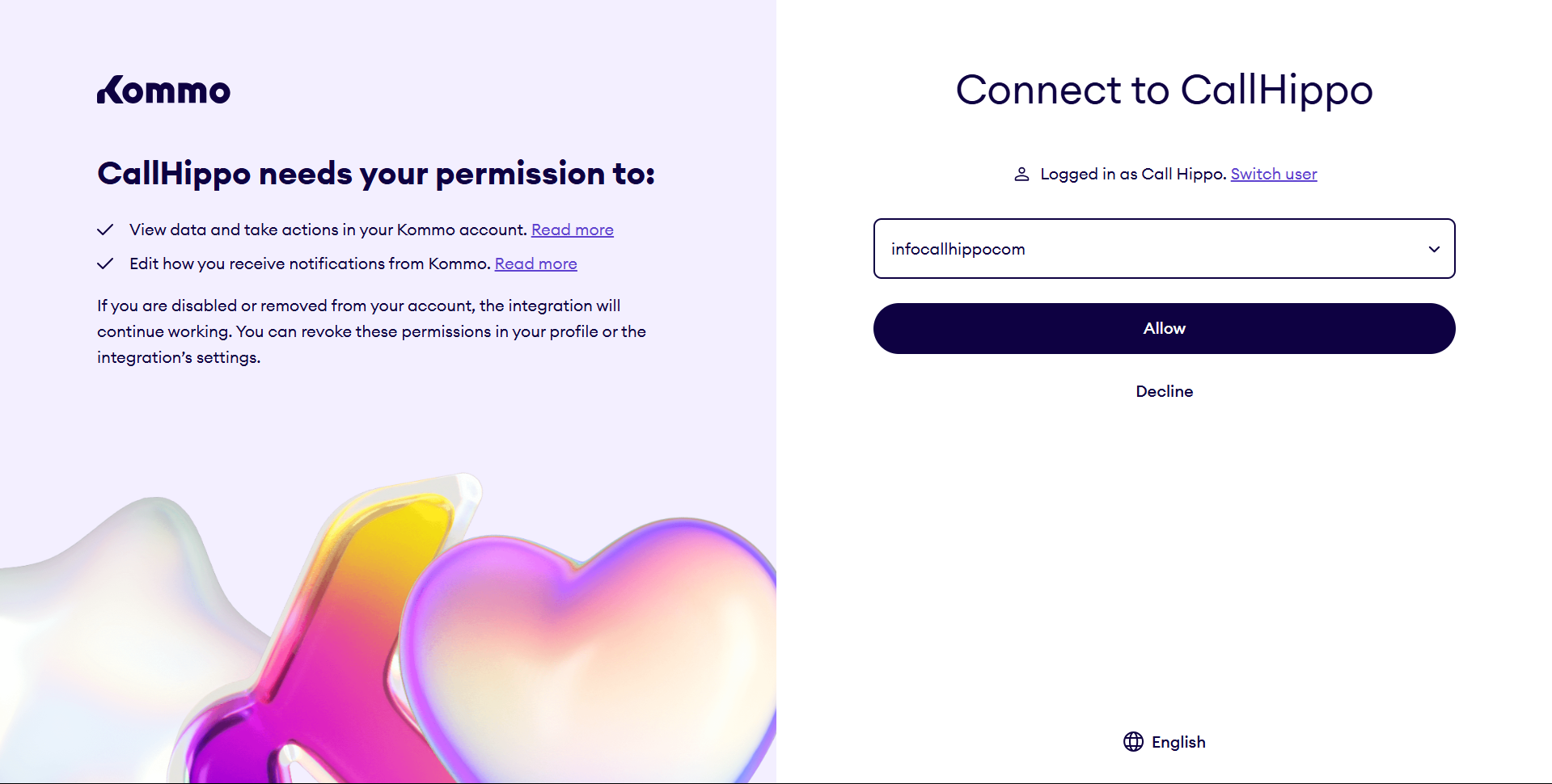 Kommo permission page where you select your account and click Allow to grant CallHippo access