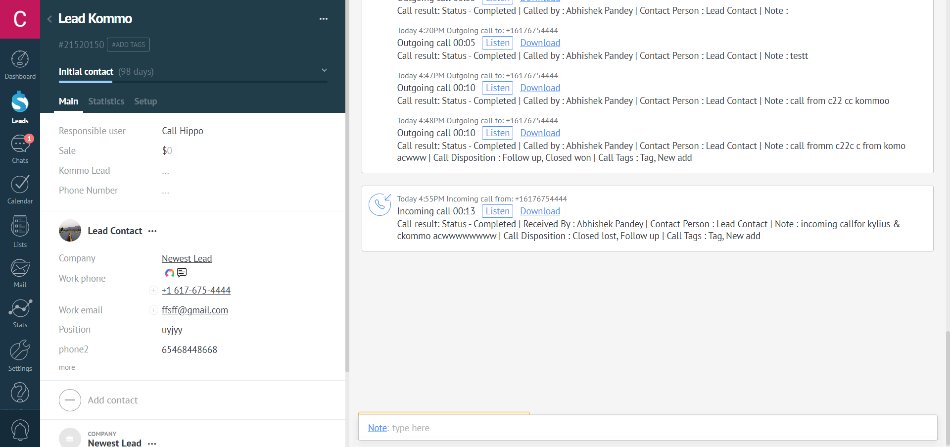Kommo lead showing CallHippo call and SMS notes with tags and disposition from After Call Work