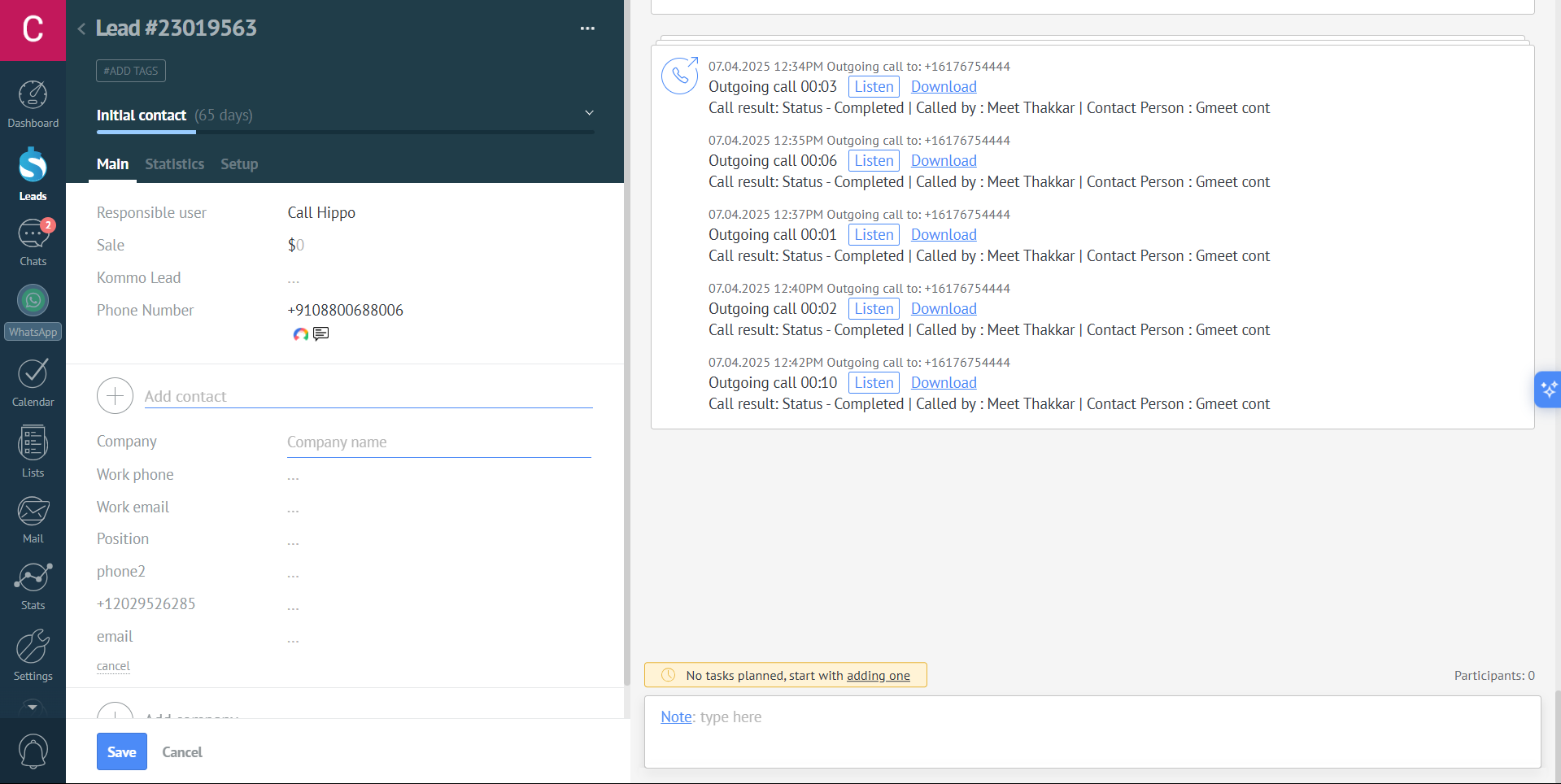 Kommo lead activity feed with CallHippo call logs created via Click to Call