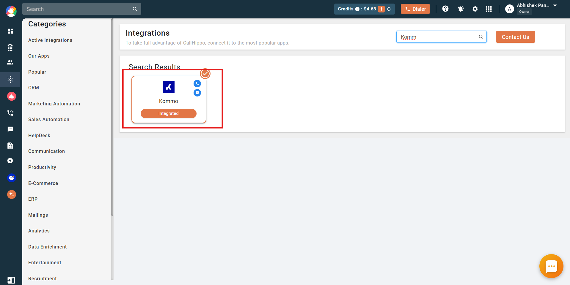 CallHippo Integrations page showing Kommo highlighted as Integrated
