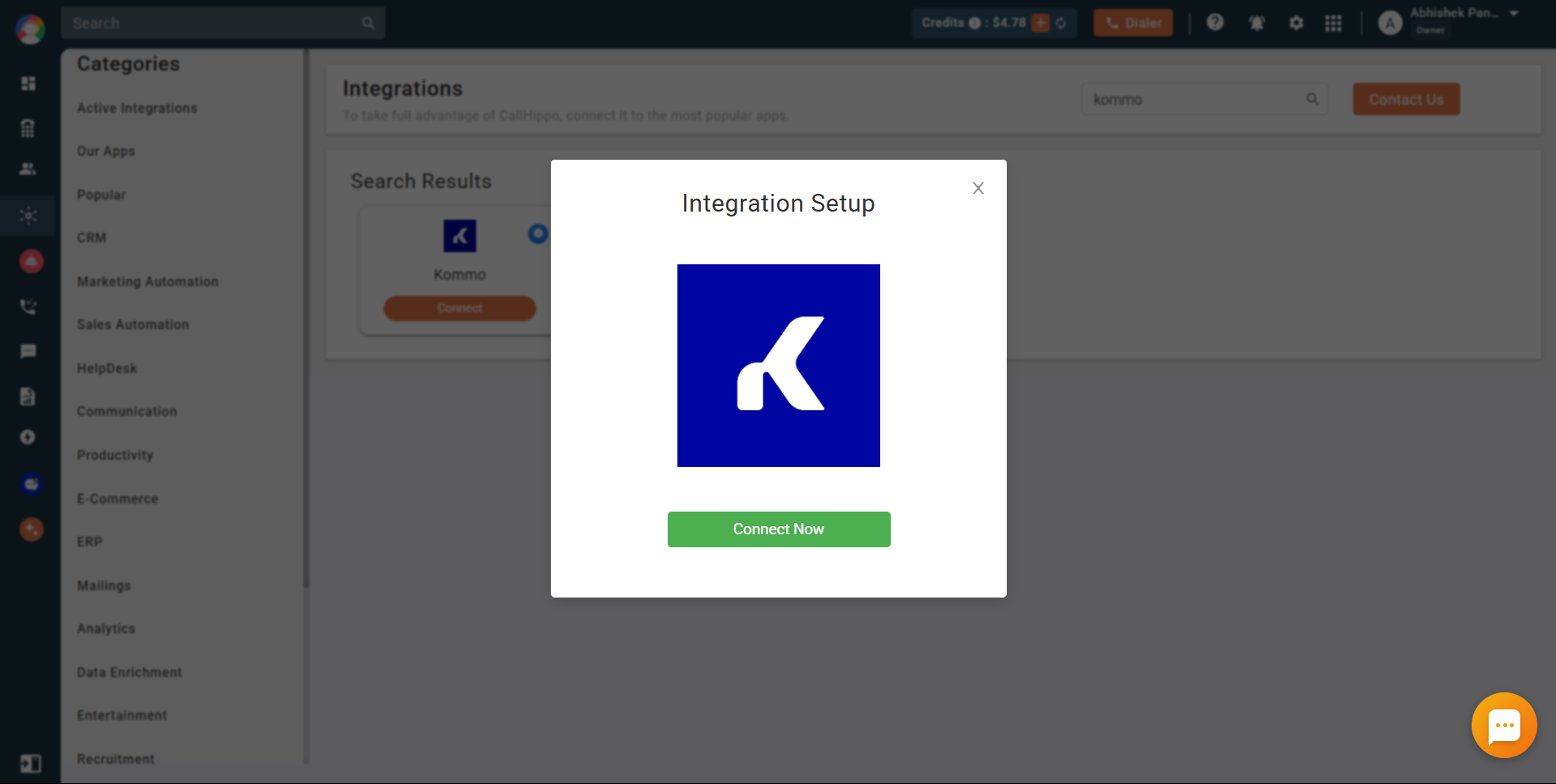 CallHippo Integrations page with the Kommo Integration Setup popup and Connect Now button