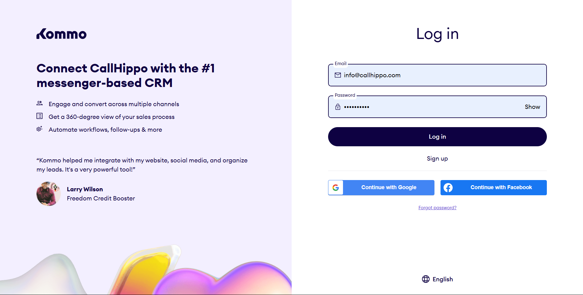 Kommo login screen to connect CallHippo with your Kommo admin account