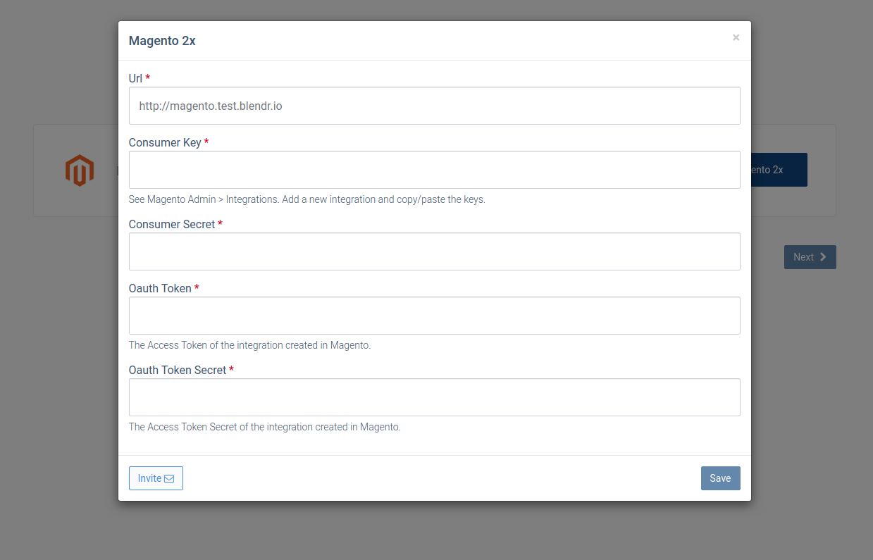 CallHippo Magento popup with fields for URL, Consumer Key, Consumer Secret and OAuth tokens