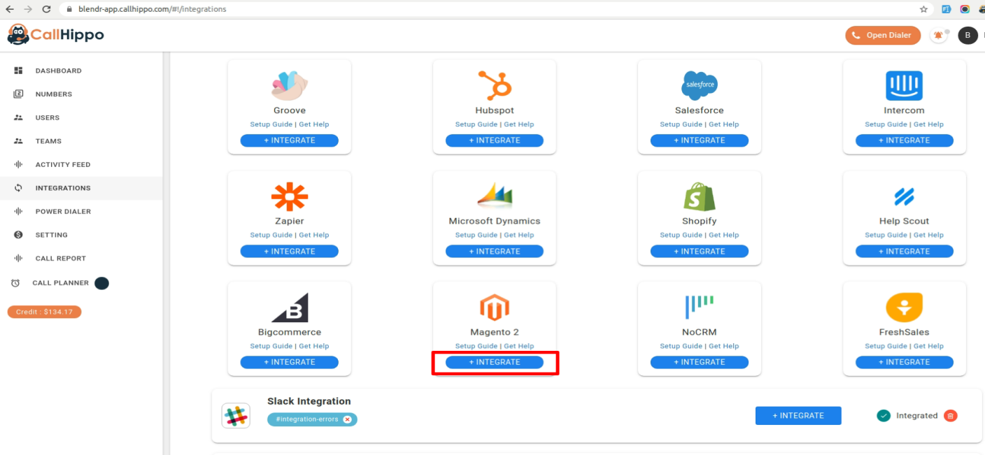 CallHippo Integrations page with the Magento Integrate button