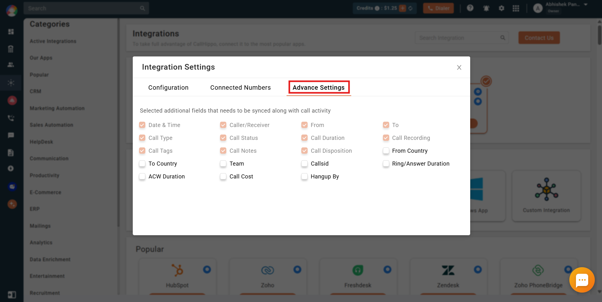 CallHippo Pipedrive integration Advance Settings tab with additional fields