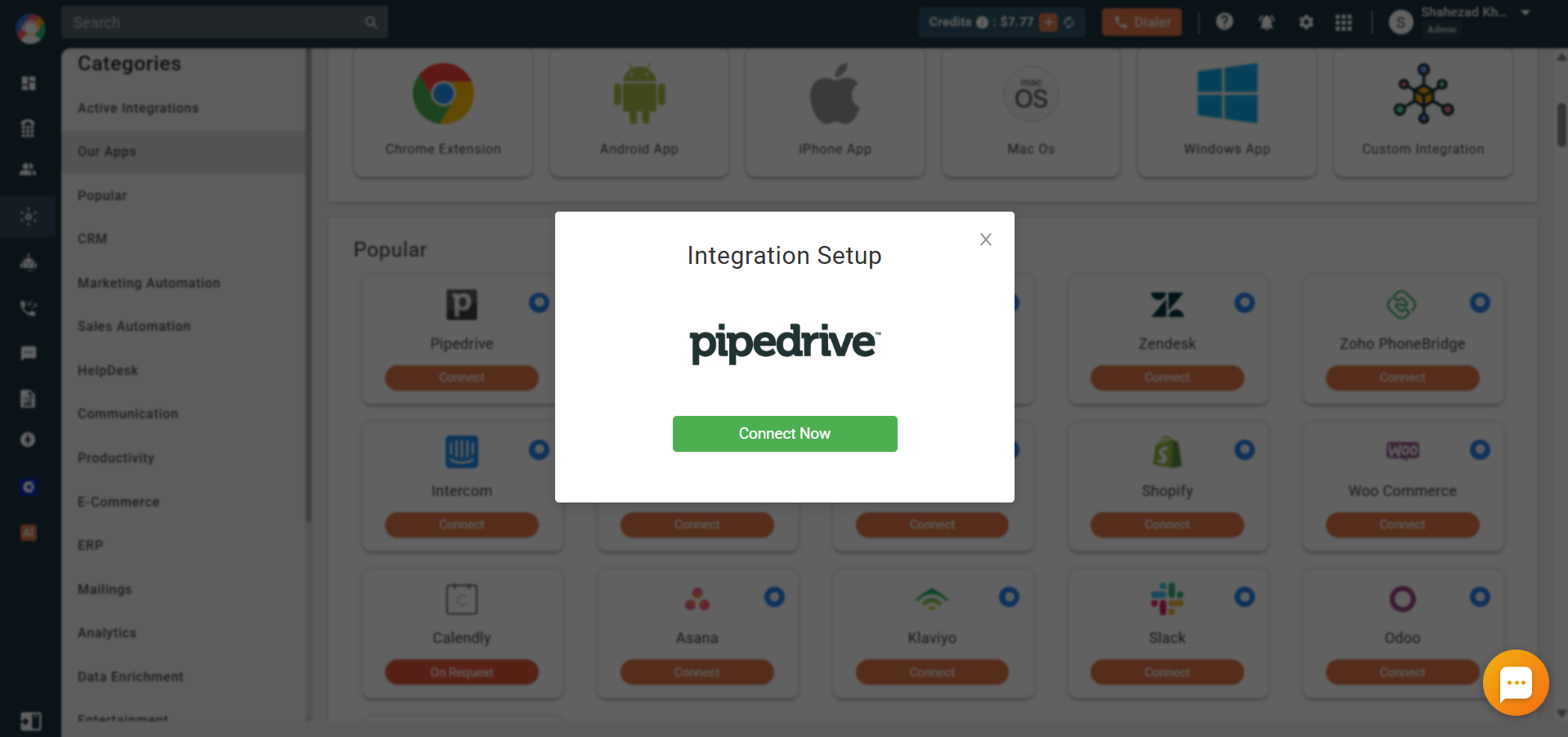 CallHippo Integration Setup popup with the Pipedrive logo and Connect Now button