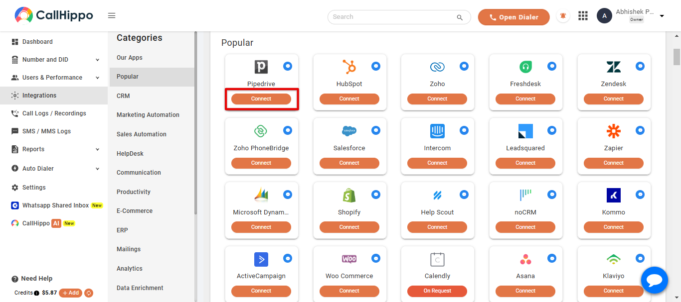 CallHippo Integrations page with the Pipedrive Connect button