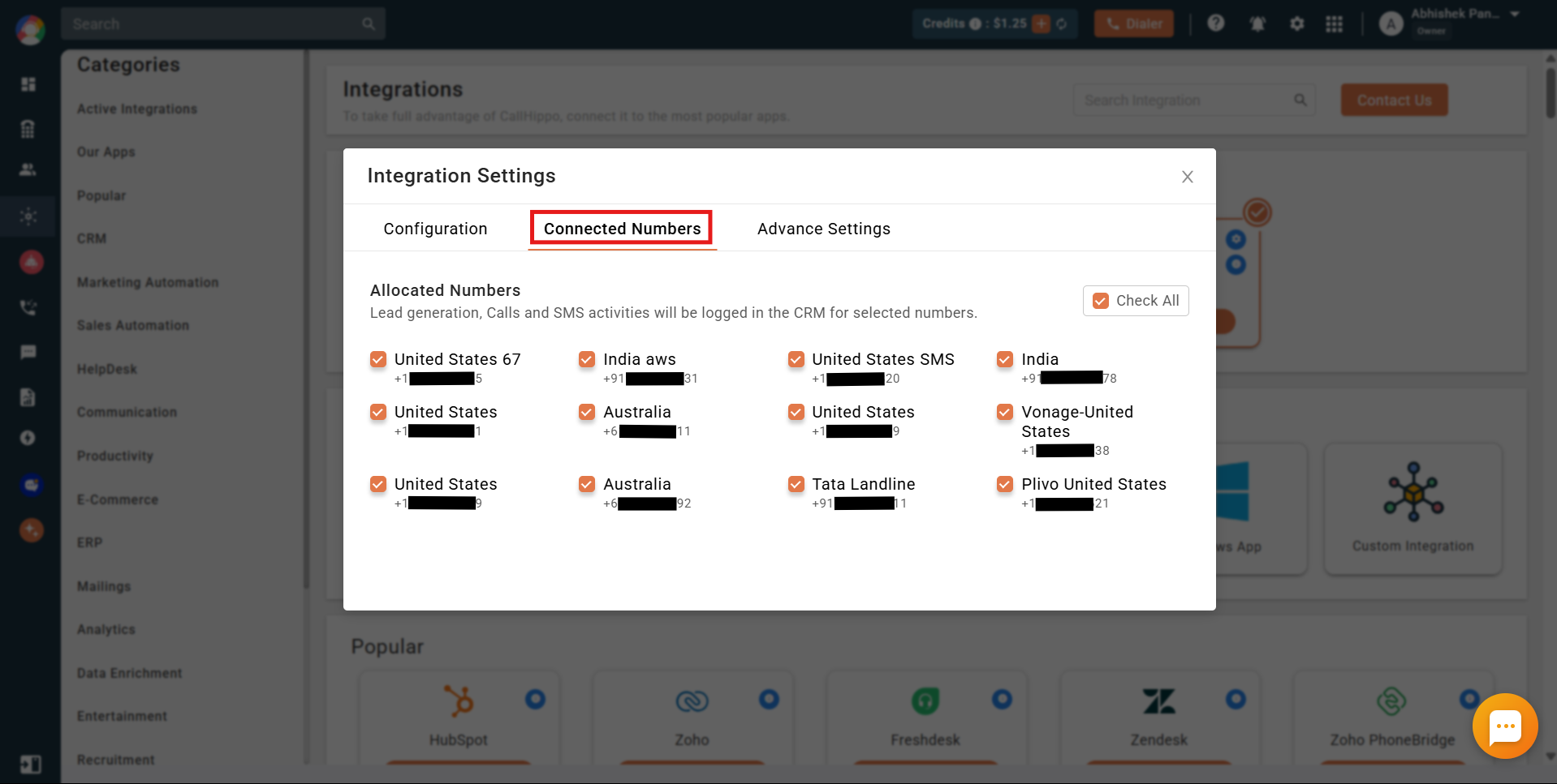 CallHippo Pipedrive integration Connected Numbers tab