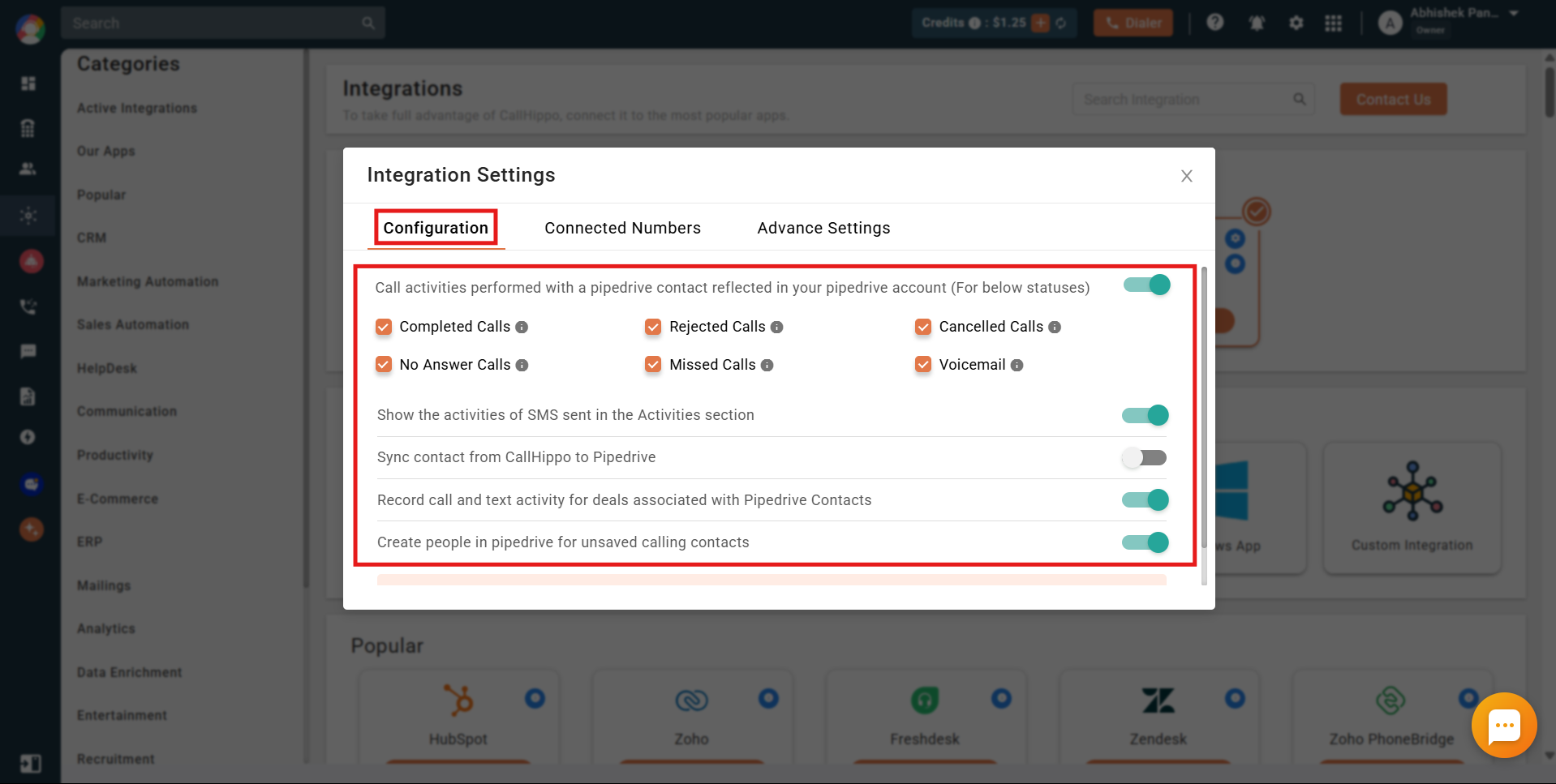 CallHippo Pipedrive integration settings Configuration tab with call statuses