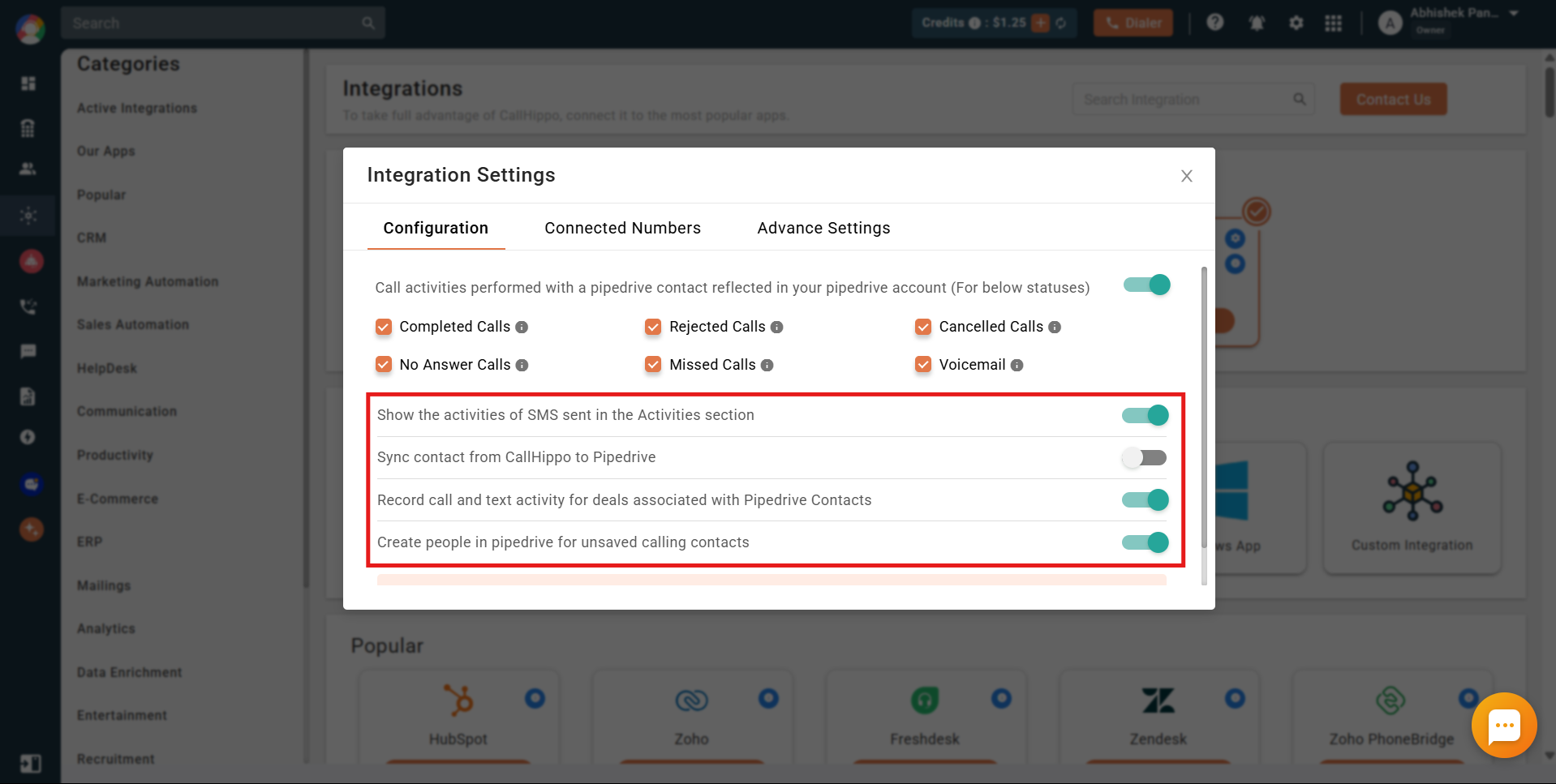 CallHippo Pipedrive configuration toggles for SMS, contact sync and deals