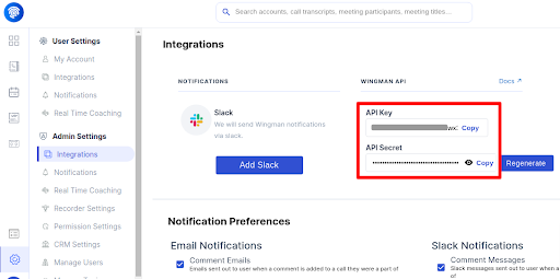 Wingman Integrations page showing the API Key and API Secret in the Wingman API section