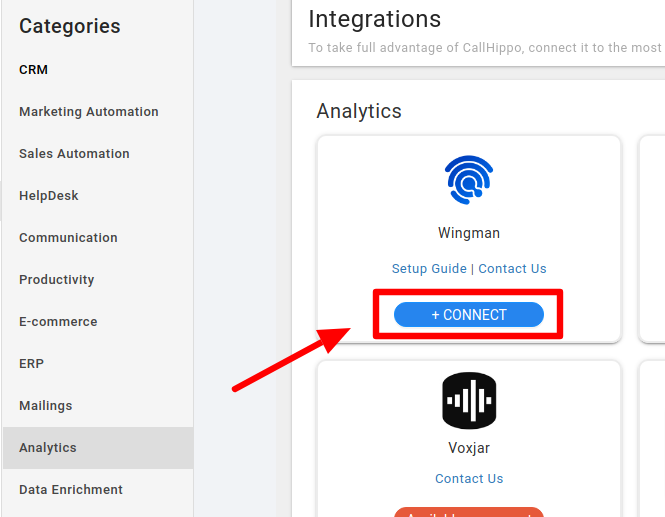 CallHippo Integrations page with the Connect button on the Wingman card highlighted