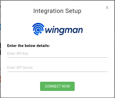 Wingman Integration Setup popup in CallHippo with fields to enter the API Key and API Secret and a Connect Now button