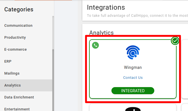 CallHippo Integrations page showing Wingman marked as Integrated
