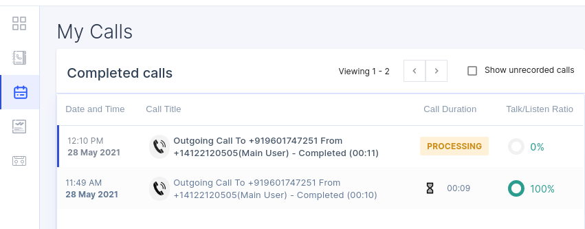 Wingman My Calls list showing completed CallHippo call recordings synced from the dialer