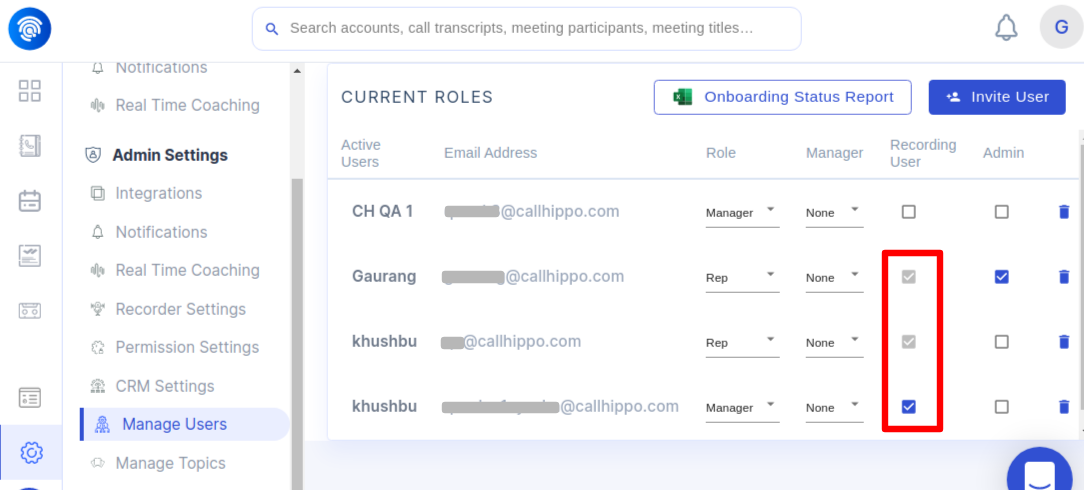 Wingman Manage Users screen with the Recording User checkbox enabled for a user