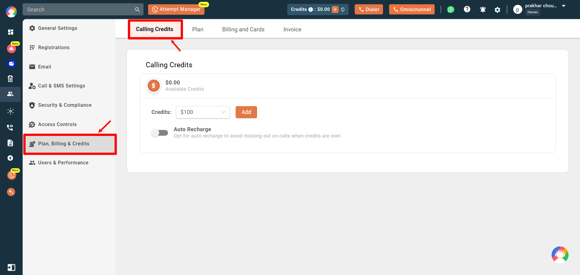 Plan, Billing and Credits section open with the Calling Credits tab highlighted
