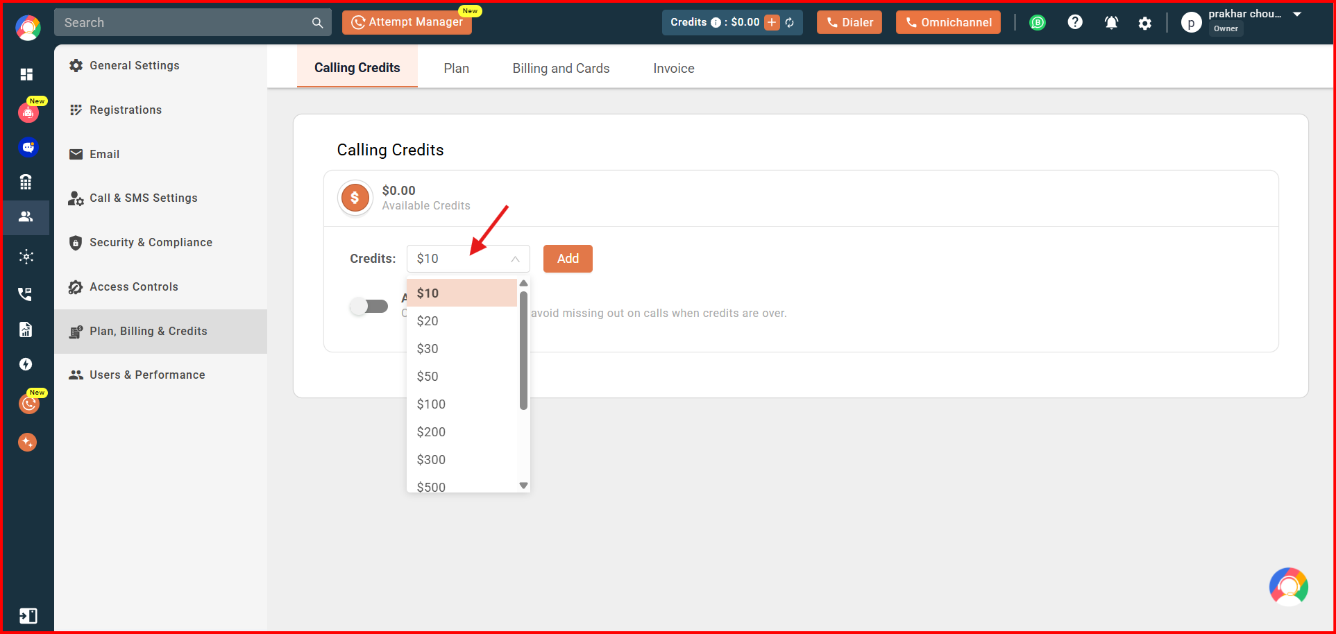 Credits dropdown open showing amount options such as ten, twenty, thirty and one hundred dollars