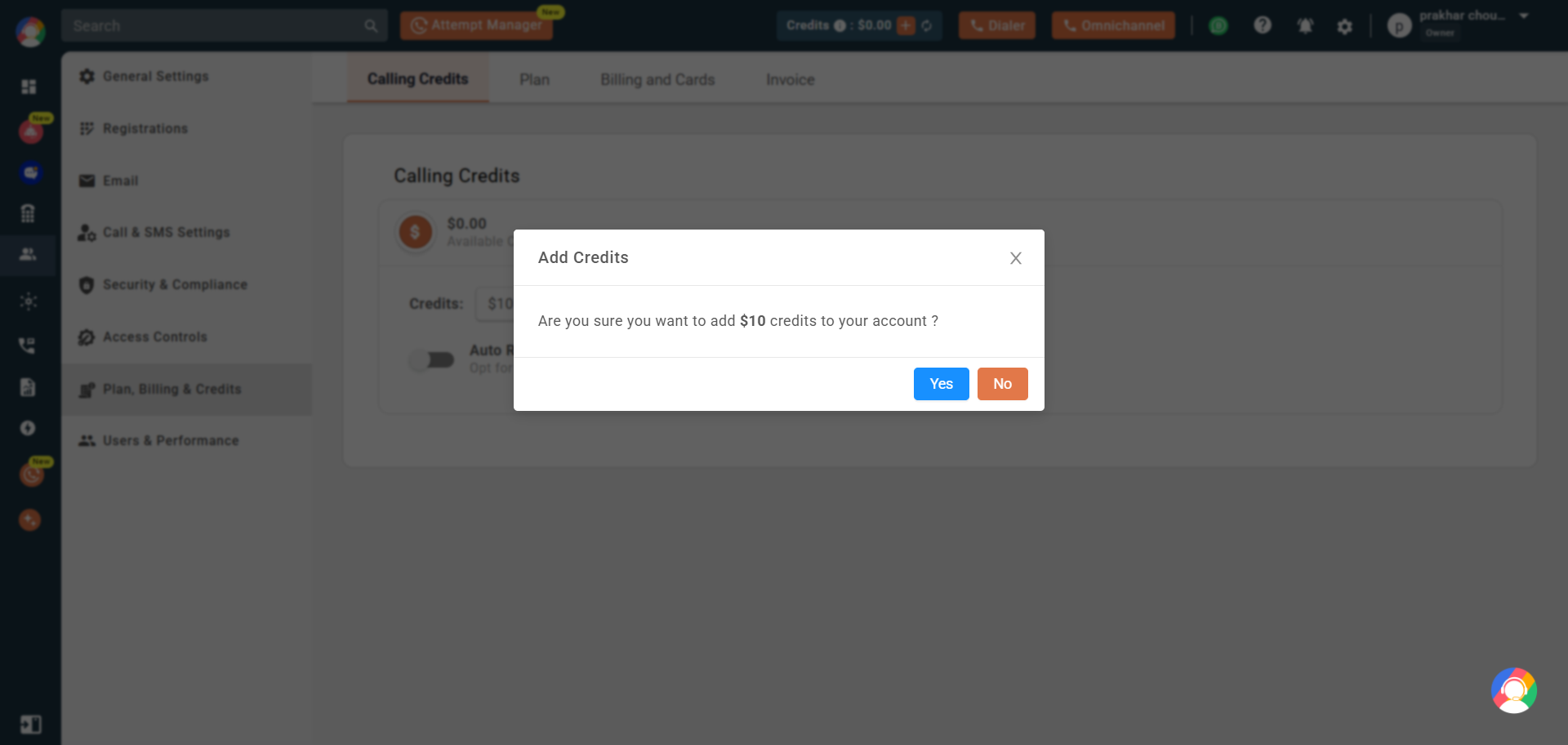 Add Credits confirmation popup asking to confirm adding credits with Yes and No buttons