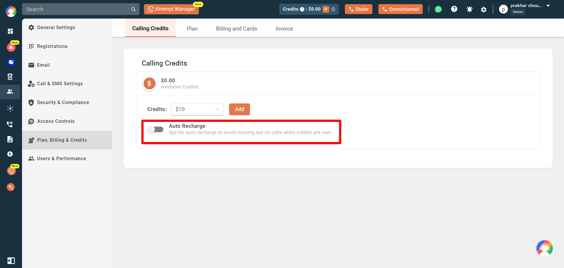 Calling Credits page with the Auto Recharge toggle highlighted in the off position