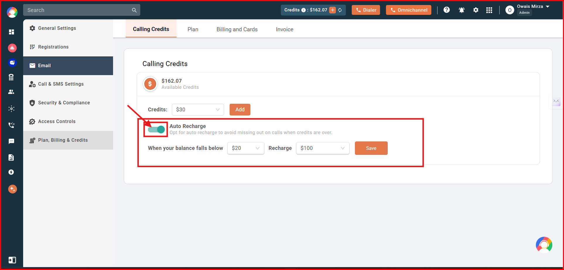 Auto Recharge toggle switched on revealing balance threshold and recharge amount fields