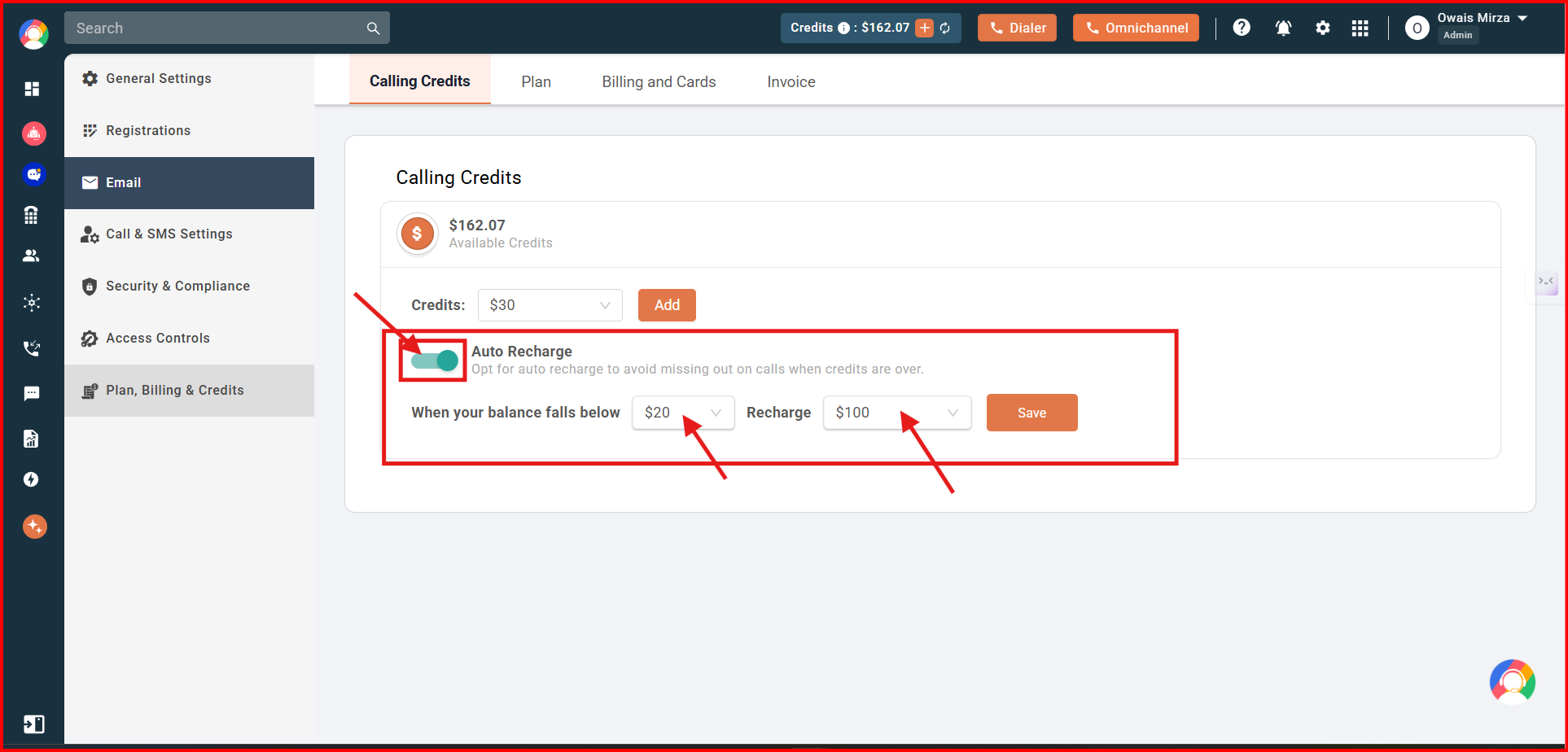 Auto recharge settings showing the balance threshold dropdown and recharge amount dropdown
