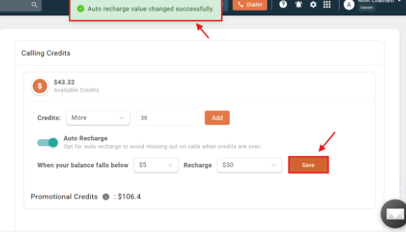 Confirmation banner reading auto recharge value changed successfully with the Save button highlighted