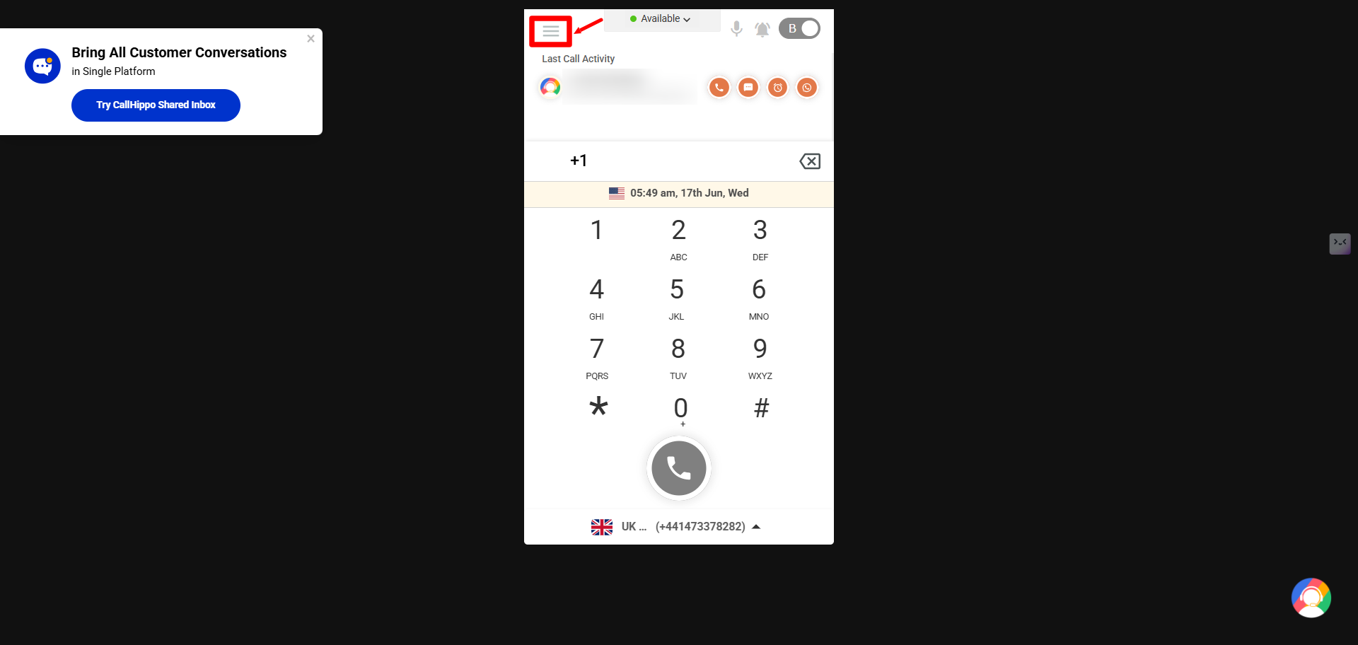 CallHippo Web Dialer with the three horizontal lines menu icon highlighted in the top left