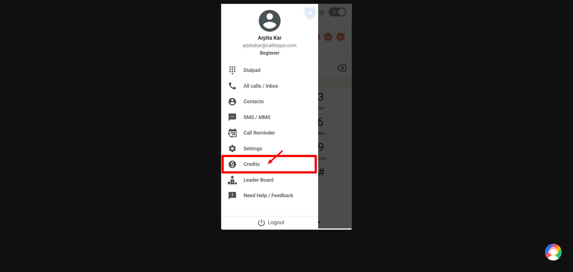 Web Dialer side menu open with the Credits option highlighted