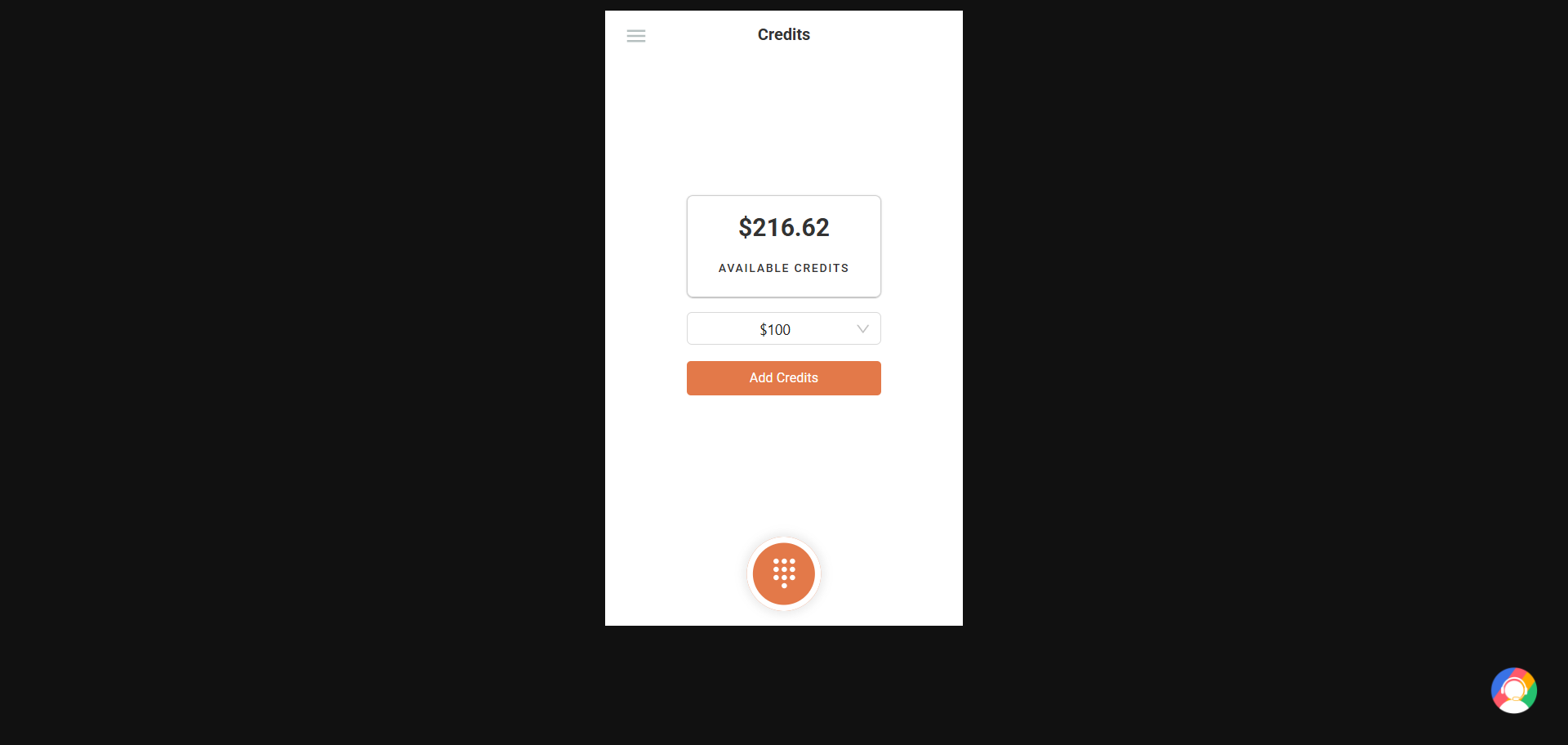 Web Dialer Credits screen showing available credits, an amount dropdown and the Add Credits button