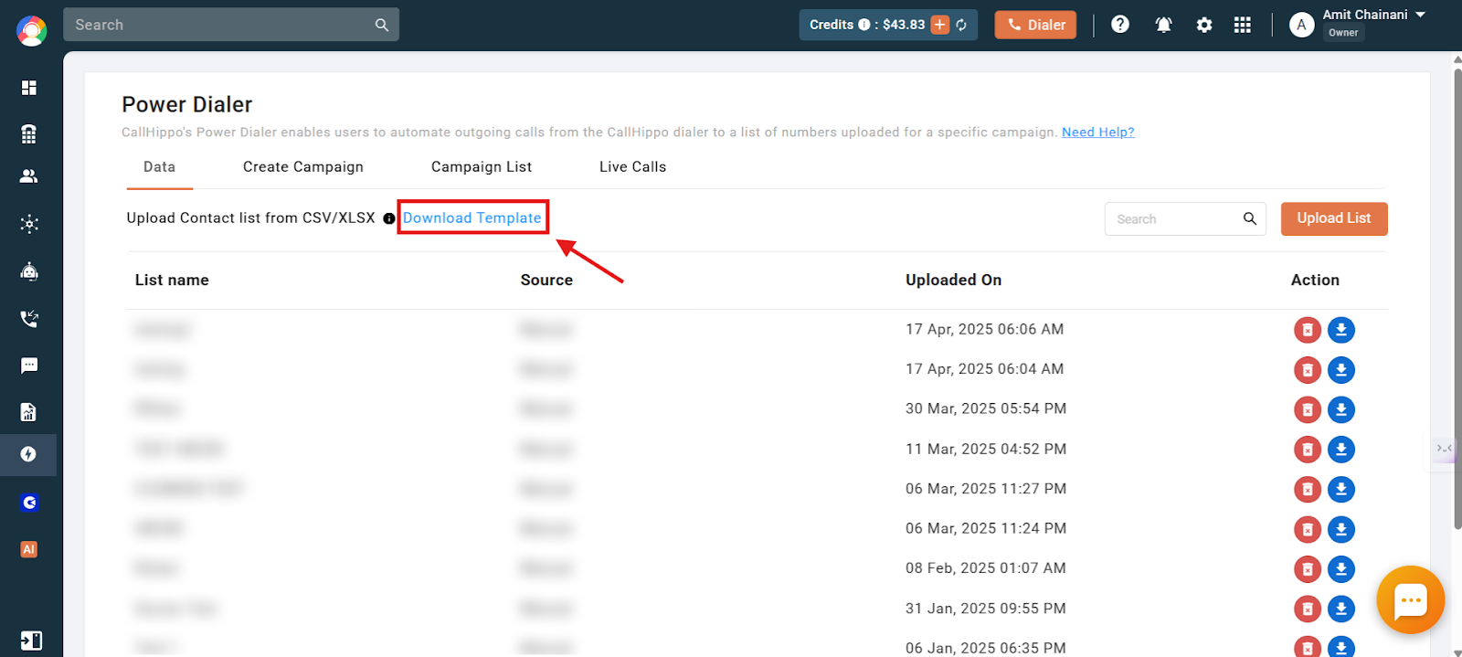 Power Dialer Data tab with the Download Template link highlighted next to Upload List