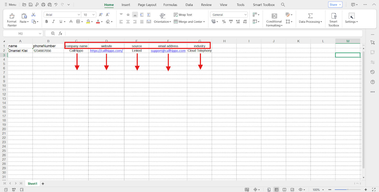 Campaign list spreadsheet showing name and phoneNumber columns plus extra columns for company name, website, source, email and industry