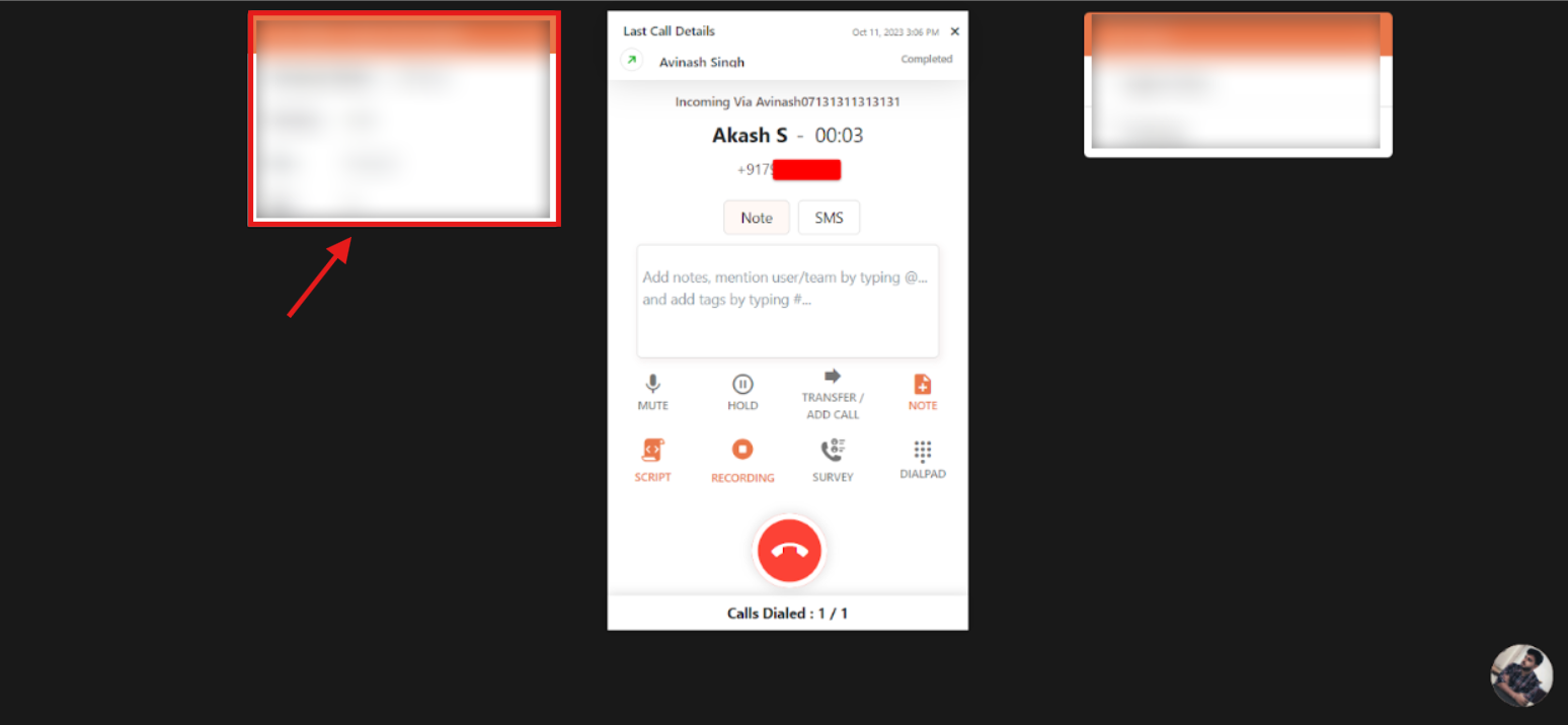 CallHippo dialer during a connected call with a dialog box showing the additional lead details next to the call controls