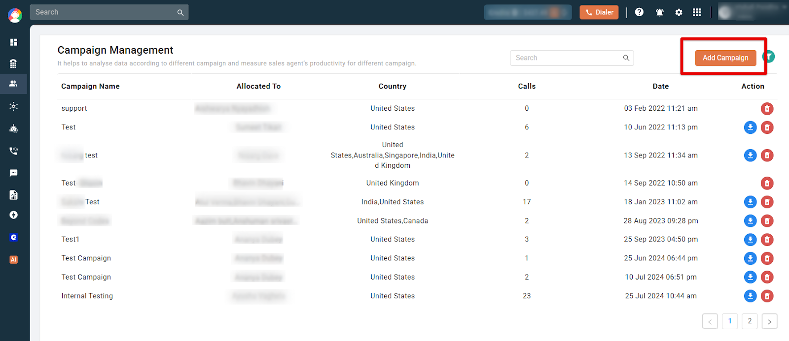 Campaign Management page listing campaigns with the Add Campaign button highlighted