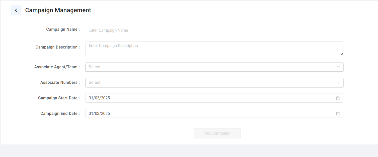 Add Campaign form with fields for name, description, agent or team, numbers, and start and end dates