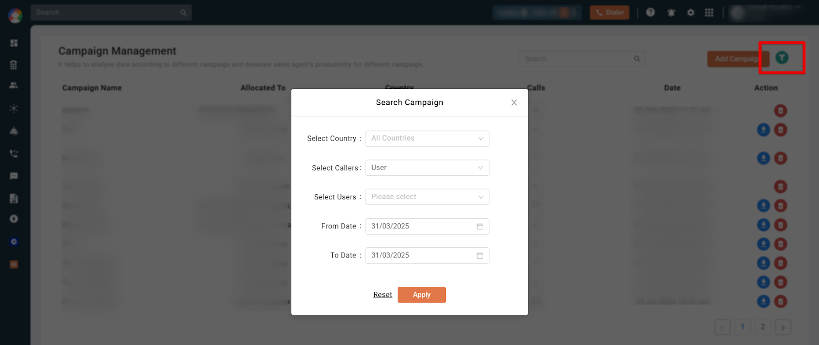 Search Campaign filter modal with country, callers, users, and date range options