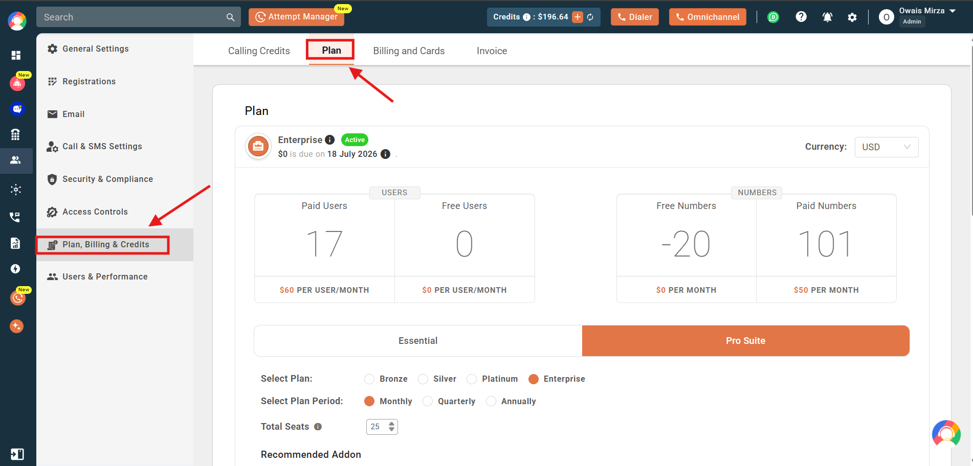 Plan, Billing and Credits settings with the Plan tab selected