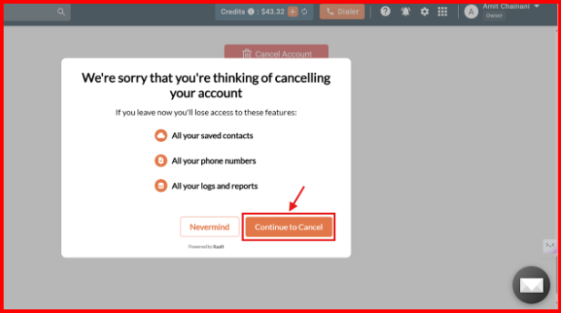 Confirmation prompt with the Continue to Cancel button highlighted