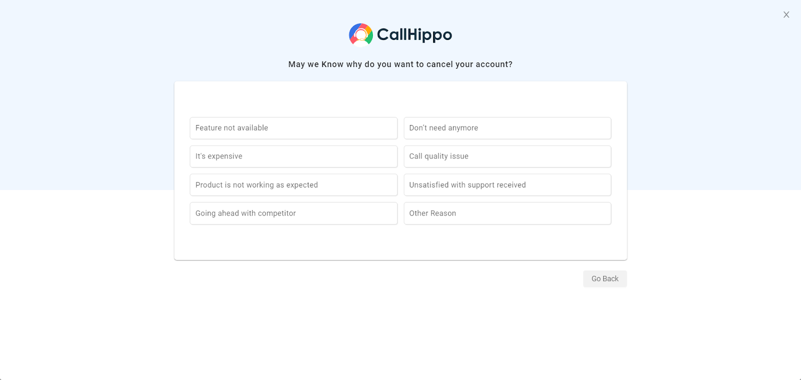 Prompt asking for the reason to cancel the CallHippo account