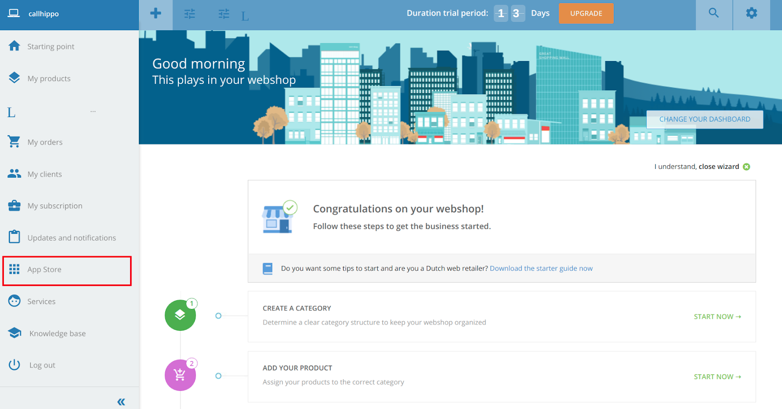 CCVShop dashboard with the App Store link highlighted in the sidebar