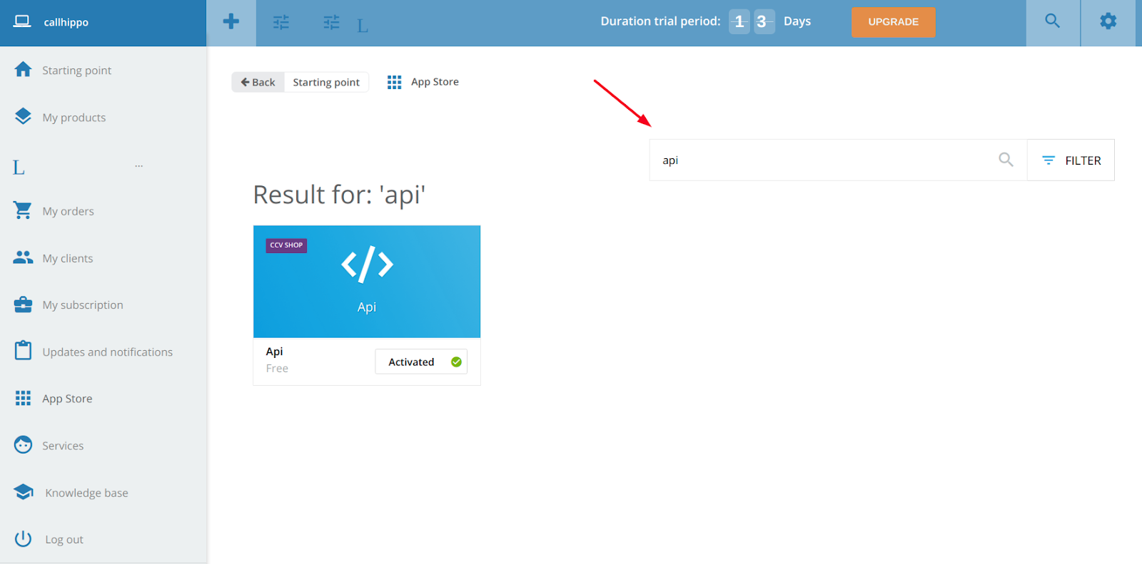 CCVShop App Store search for API showing the API app to activate
