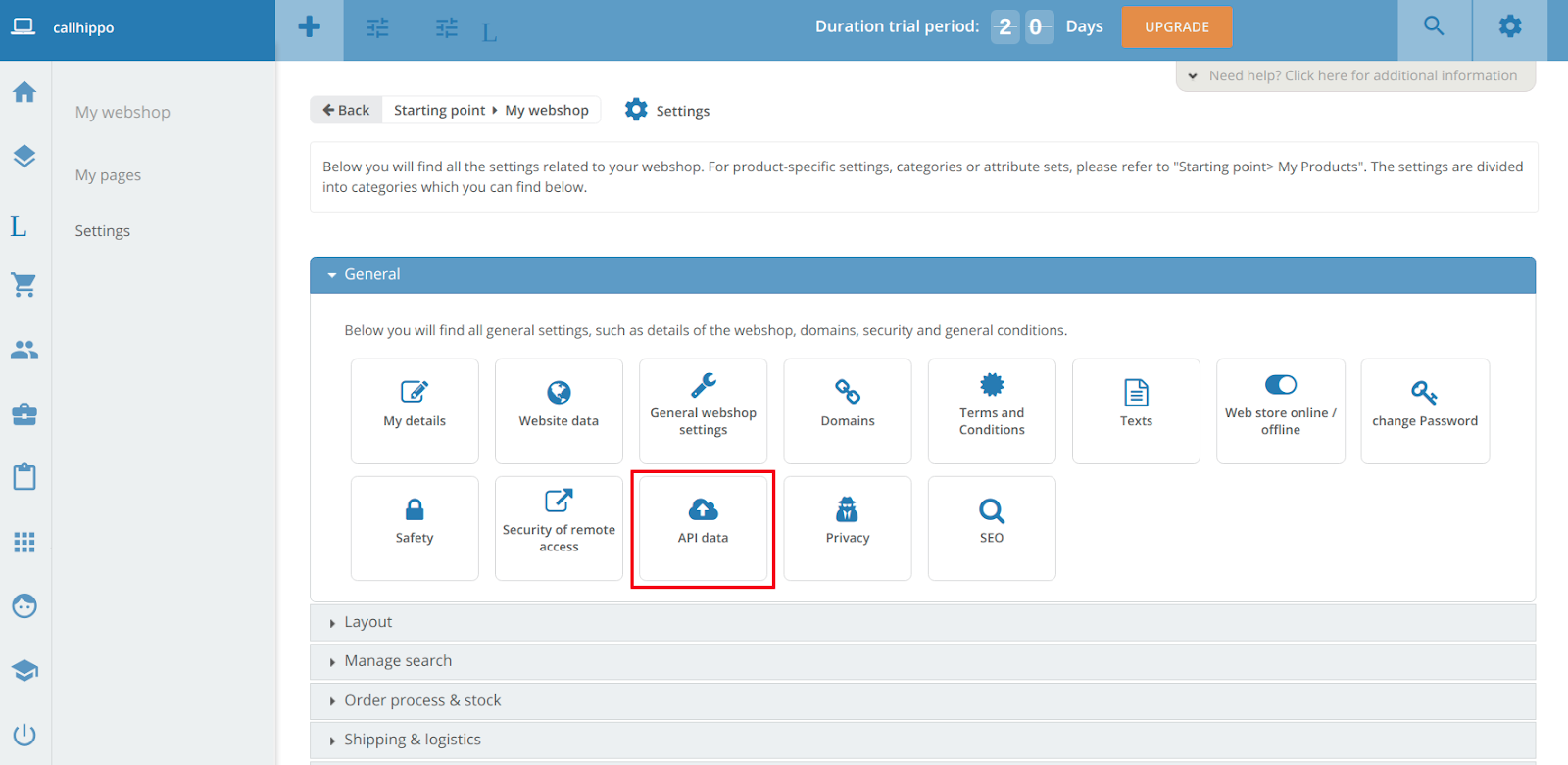 CCVShop general settings with the API data tile highlighted