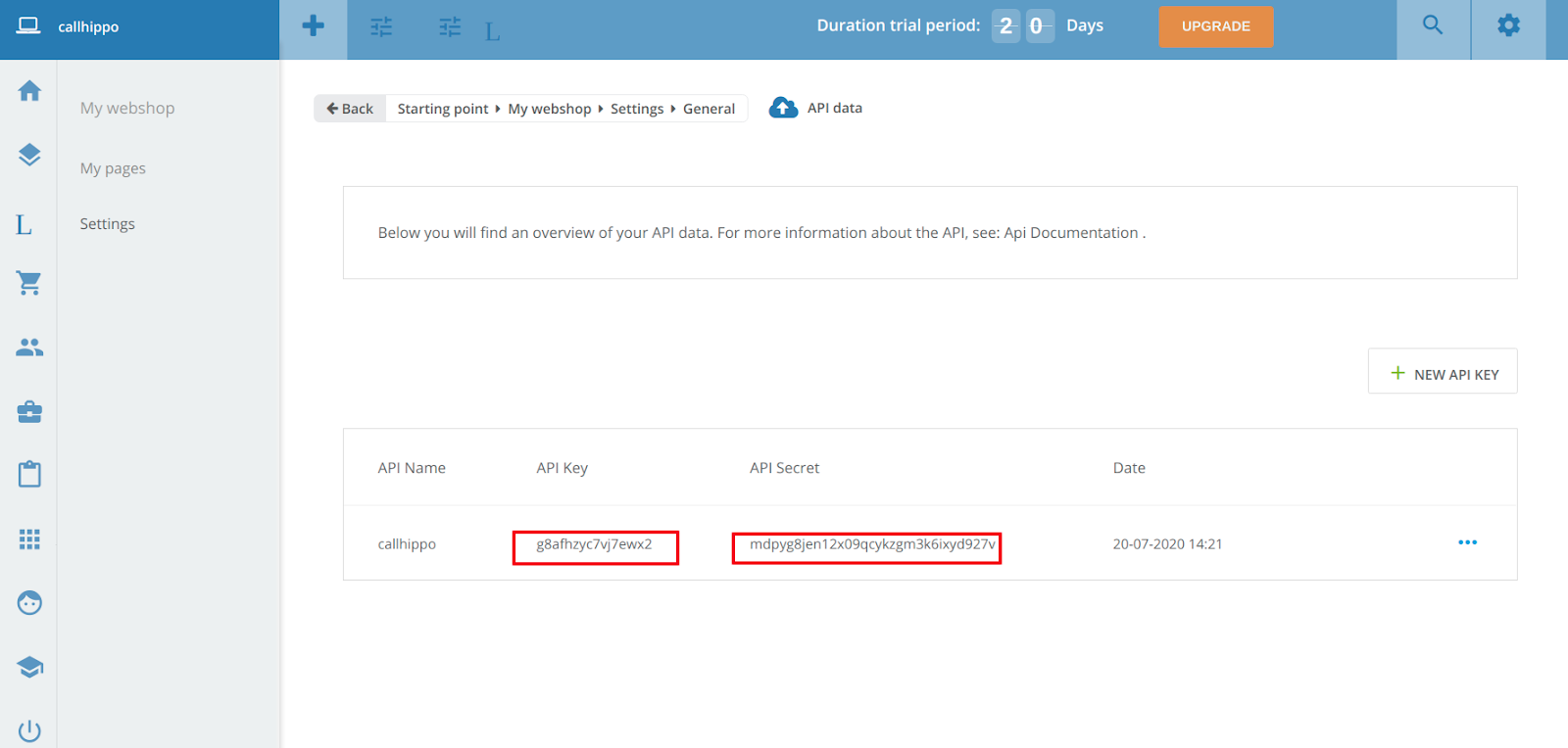 CCVShop API data page showing the API Key and API Secret to copy