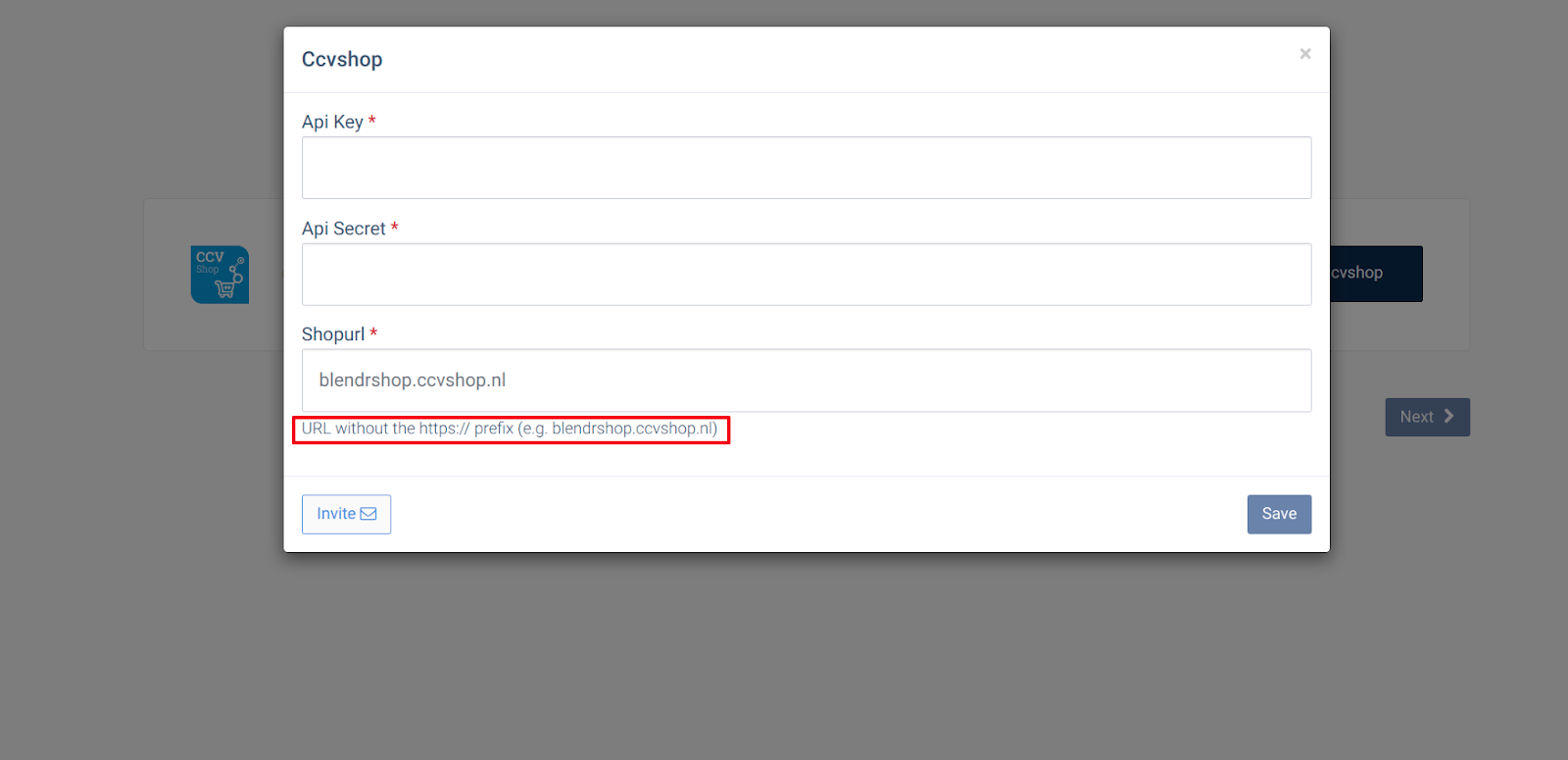 CallHippo Ccvshop popup with API Key, API Secret and Shop URL fields