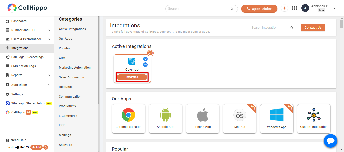 CallHippo Active Integrations showing Ccvshop with Integrated status