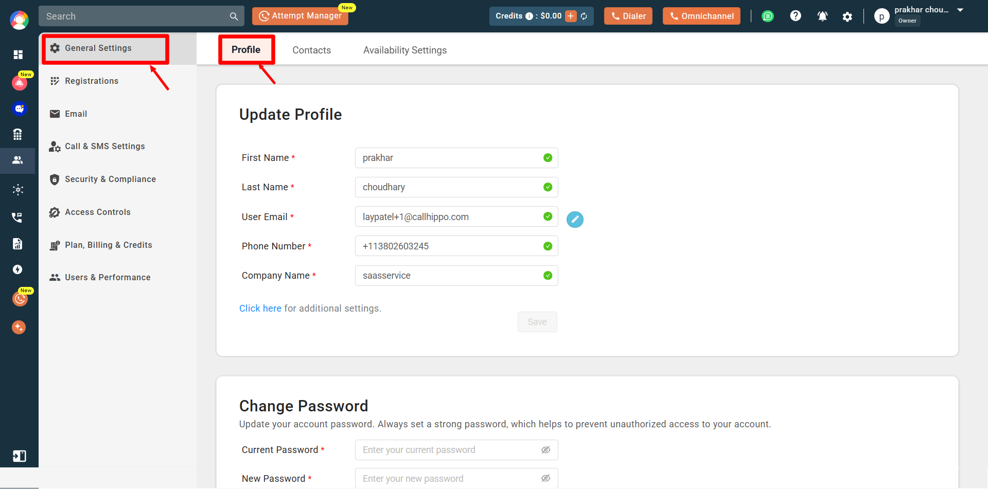 General Settings section with the Profile tab selected in the CallHippo dashboard
