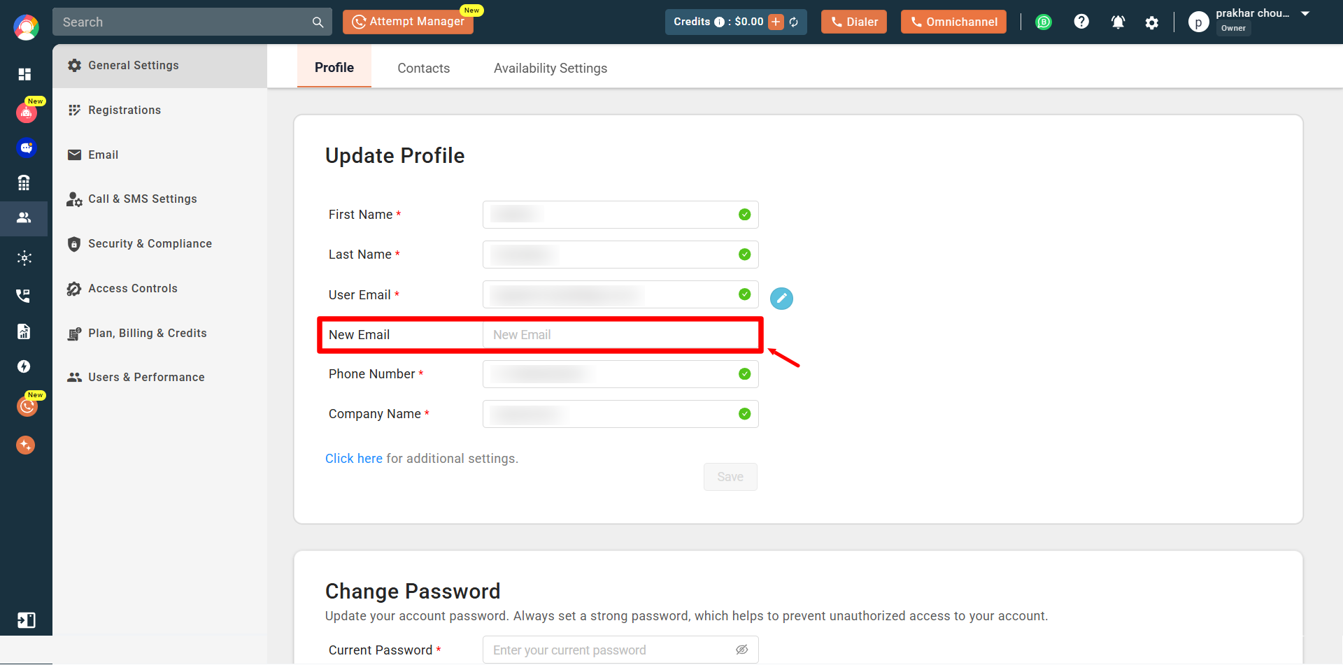 New Email input field displayed on the Update Profile page