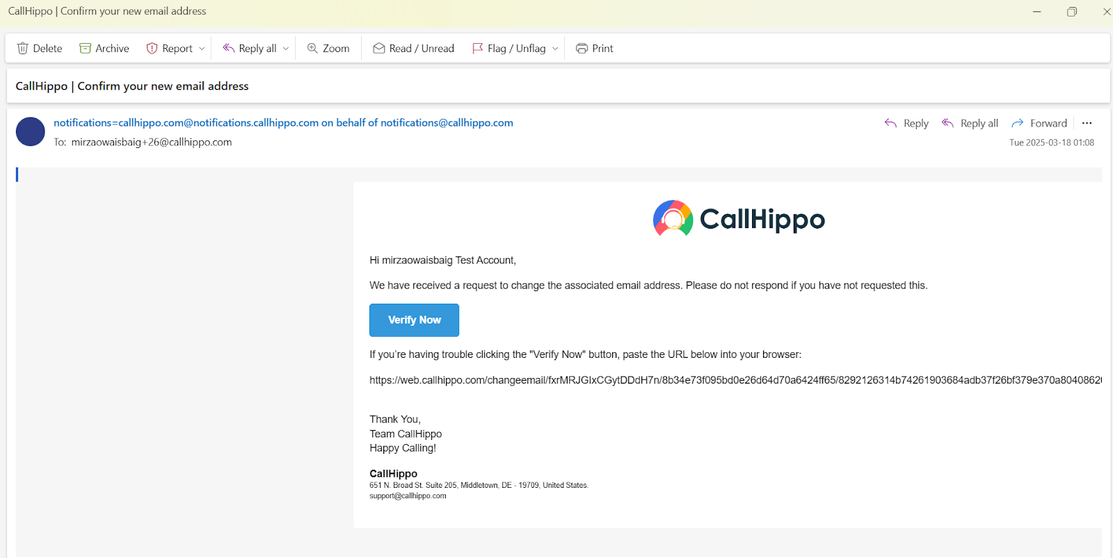 CallHippo email asking the user to confirm their new email address with a Verify Now button