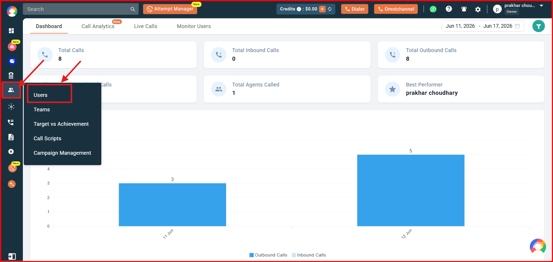 Users and Performance menu expanded with the Users option highlighted