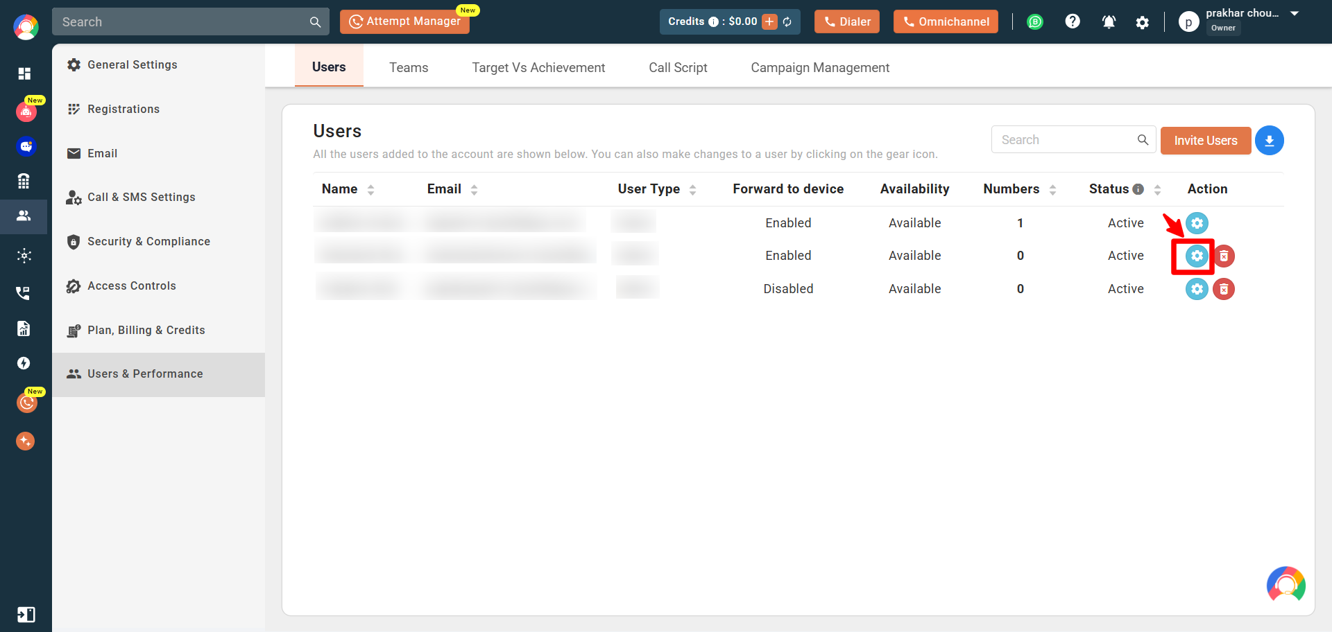 Users list with the settings gear icon for a user highlighted in the Action column